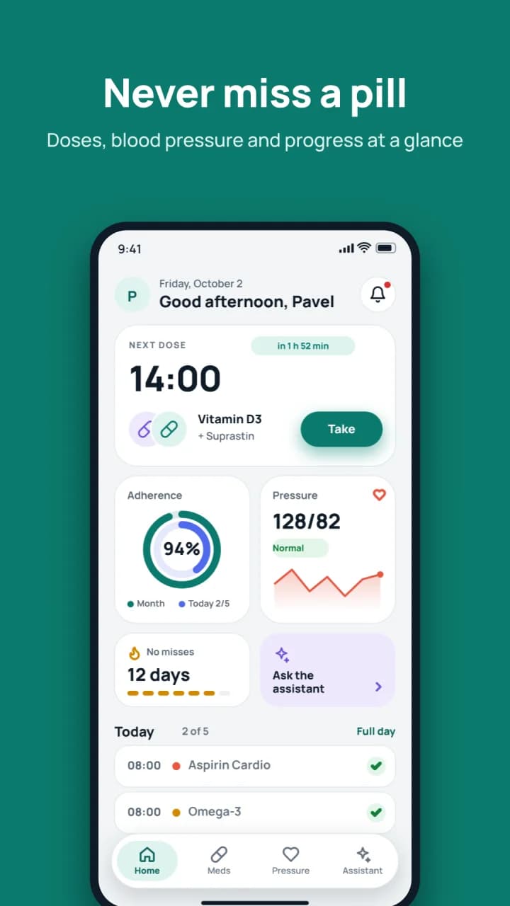 Medication reminders and a blood pressure diary — in one free app