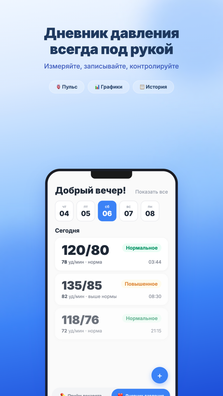 Дневник артериального давления и пульса — экран измерений